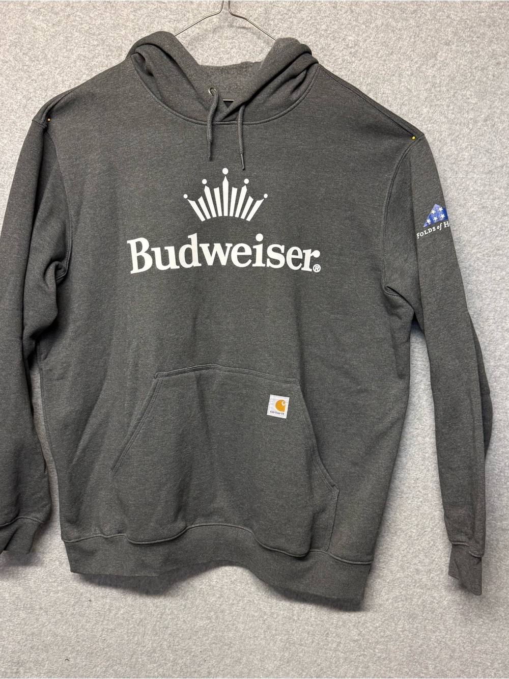 Carhartt Budweiser Logo Pullover Hoodie Men Sz XL Gray Loose Fit Folds of Honor